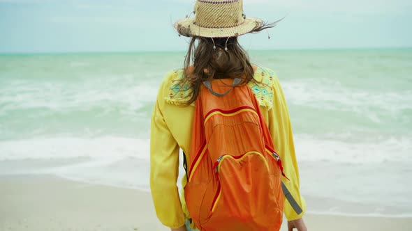 Woman in Summer Bright Clothes with Open Arms Standing in Front Beautiful Seascape View Enjoying alt