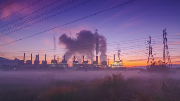 Industrial landscape, smoky coal power plant,