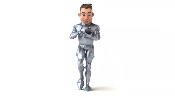 Fun 3D cartoon knight walking with a smartphone alt