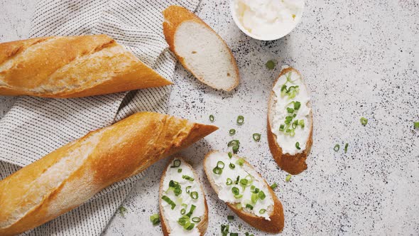 Fresh and Delicious Crispy Baguette with Cream Cheese and Chives
