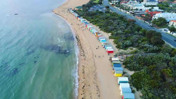 Brighton Beach Boxes aerial tilt up to reveal Melbourne City Skyline alt