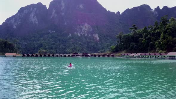 Cute Asian Girl Kayaking Floating Houses Cheow Lan Lake Thailand