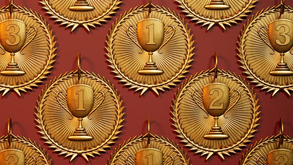 Set of top three awards for winners. Medals on a red background. First prizes. alt