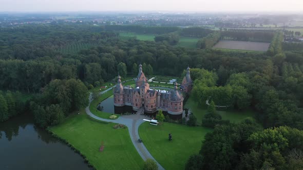 Aerial view of Ooidonk Castle, Sint-Maria-Leerne, Belgium. alt