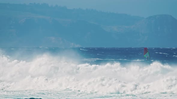 Beautiful Teal Blue Stormy Ocean Spraying Breeze Cinematic Footage Windsurfers alt