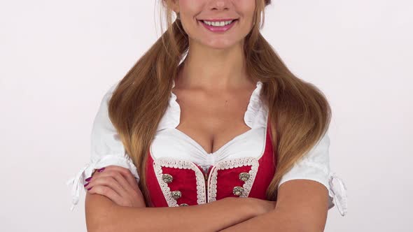 Sexy Big Breasted Oktoberfest Woman in Dirndl Dress Smiling Happily alt