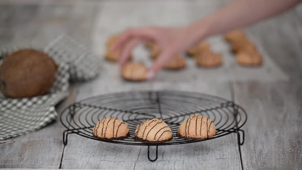 Freshly Baked Coconut Cookies on the Kitchen Cooling Rack