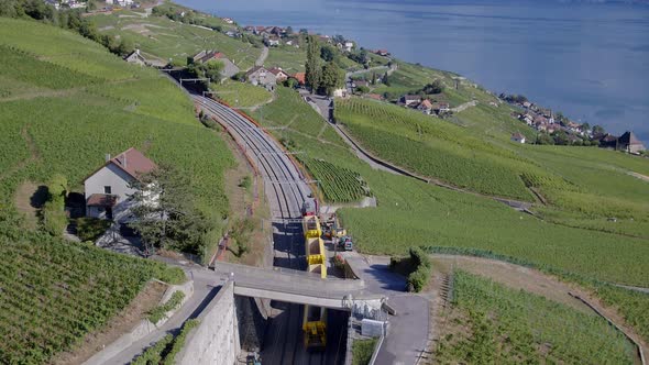 Aerial following of work train in Lavaux vineyard SwitzerlandSummer colors alt