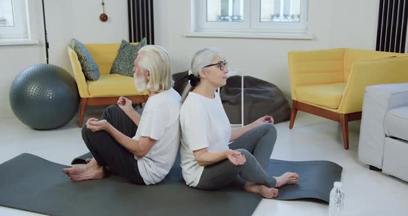 Senior Couple Sitting Back to Back in Lotus Pose During their Workout at home alt