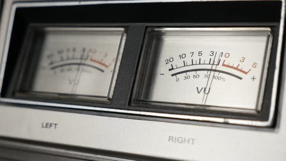 Slow motion  of audio device analog VU meter 1080p FullHD footage - Retro  standard volume level  sc alt