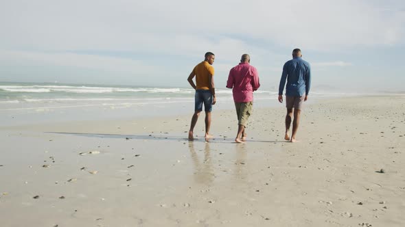 African american senior father and twin teenage sons walking on a beach and talking alt