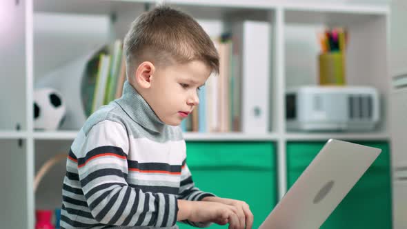 A Preschool Boy is Studying Something on His Laptop at Home alt