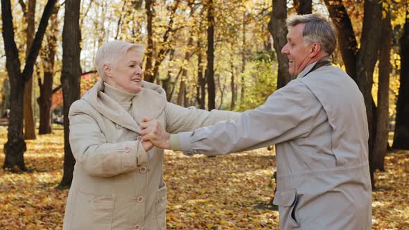 Happy Old People Doing Gymnastics in Autumn Park Elderly Couple Spend Time Together Smiling alt