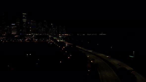 chiago during night time aerial footage, transportation, highway traffic alt