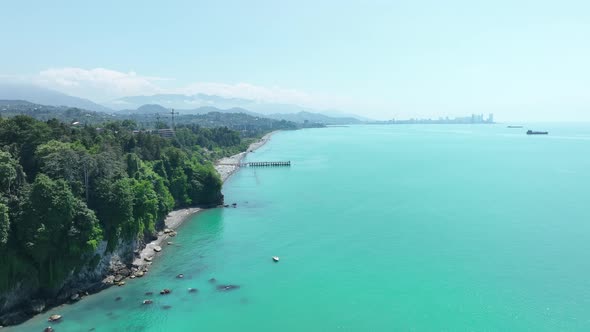 Aerial view of the Black sea coast. The Botanical Garden of Batumi, located at area of Green Cape alt