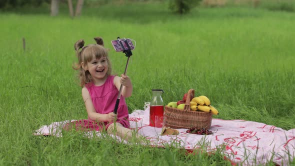 Weekend at Picnic. Girl on Grass Meadow Makes Selfie on Mobile Phone with Selfie Stick. Video Call alt