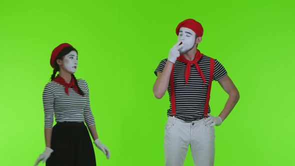 Mimes Smoke On A Green Background, Mimes Actors On Green Background