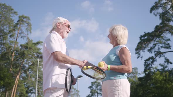 Positive Smiling Mature Couple After Playing Tennis on the Tennis Court Shaking Hands alt
