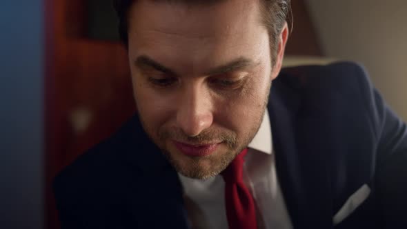 Closeup Happy Entrepreneur Working in Suit alt