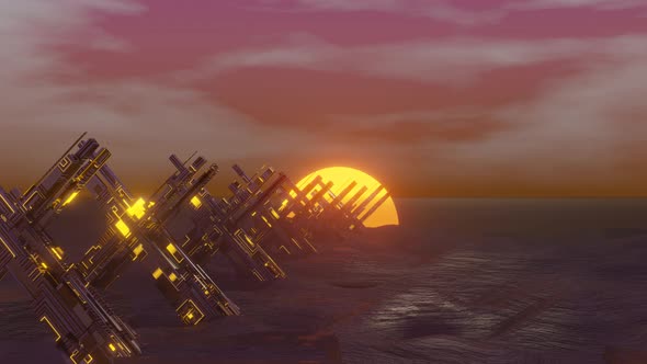 4K 3D animation. Abstract Sci Fi Alien Terrain Background with Sunset. Cyberpunk, Cyber world alt