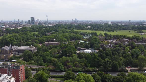 Regents park London  city skyline and BT tower in distance drone aerial view alt