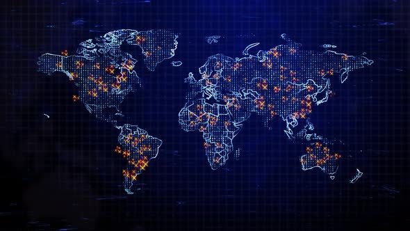 Cyber attack and Internet cyber crime data base hack points on World Map alt