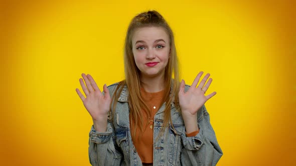Girl on Yellow Studio Background Pointing Fingers Himself Ask Say Who Me No Thanks I Do Not Need It alt