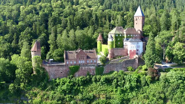 Aerial view of Zwingenberg Castle at river Neckar in Germany alt