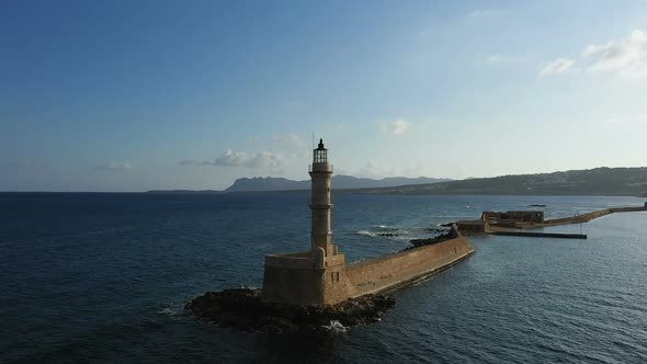 Beautiful Landscape Overlooking the Lighthouse of Chania, Greece. CHANIA, CRETE, GREECE 2019 October