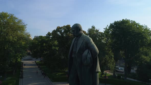 Drone Aerial View Statue of the Writer Taras Grigorovich Shevchenko in Park alt