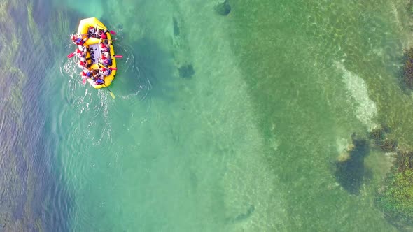 View from above of rafters with full gear on Una river in Bosnia alt