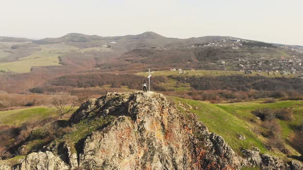 Victorious Woman With Spreaded Hands On Top Mountain Enjoy Panorama alt