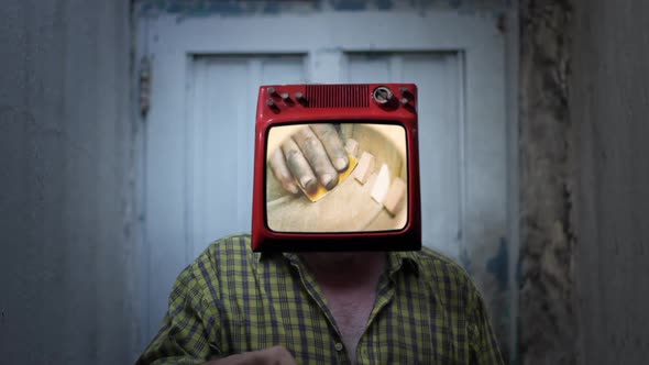 TV Man with a Hand Sanding Wood. alt