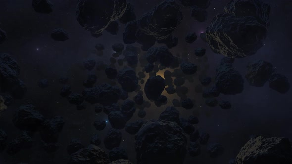 Dense meteoroid swarm is fast moving forward tumbling in the starry space alt