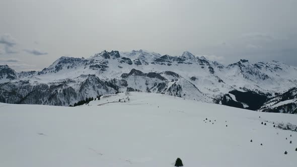 Aerial, Beautiful Winter Landscape In Snowy Dolomites Mountains In Italy