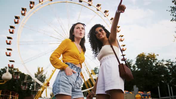 Two Females in Casual Outfit are Posing in Park Against a Ferris Wheel alt