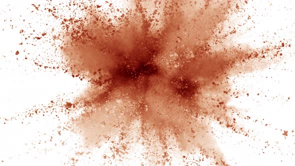 Super Slow Motion Shot of Brown Powder Explosion Isolated on White Background at 1000Fps alt