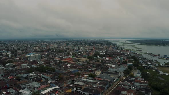 Aerial view of Iquitos the city in the Amazon rainforest, Amazonia of Peru 4K