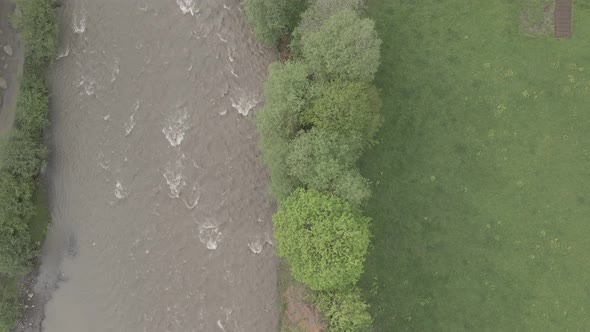 River in the Mountains. Slow Motion. Carpathians. Ukraine. Aerial. Gray, Flat alt