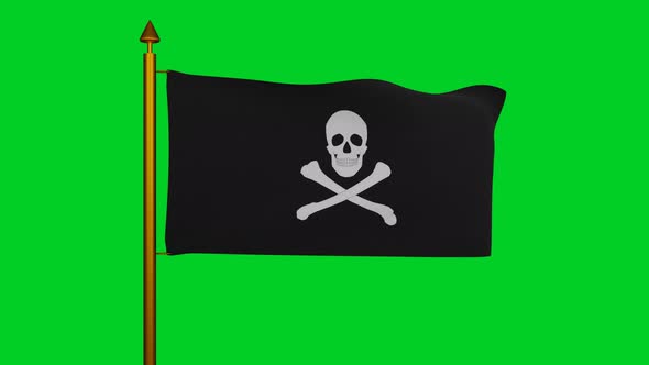 Jolly Roger or pirate ship flag waving with flagpole on chroma key, pirate ship flag alt