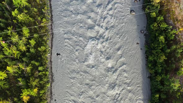 High Above Raging River Looking Straight Down on Dirty White Sand Rapids Through Tundra Forest of Al alt