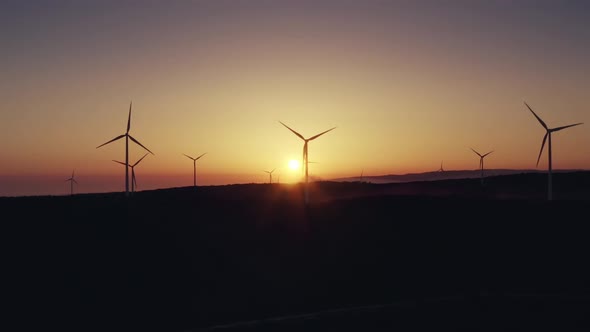Wind Turbine Farm Produce Energy in Sunset Nature Landscape