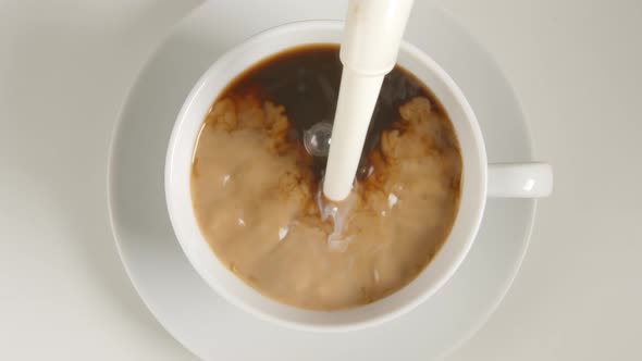 Top View: Milk Stream Fills A Coffee
