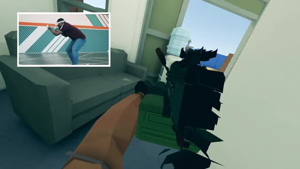 Two Screens with a 3D Shooting Game and a Gamer Playing It alt