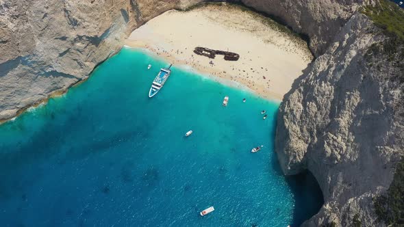 View of Navagio beach, Zakynthos Island, Greece. Blue sea water. alt