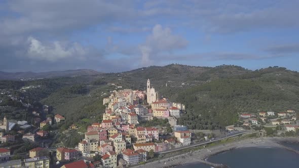 Cervo aerial view medieval old city town in Imperia, Liguria, Italy and baroque church alt