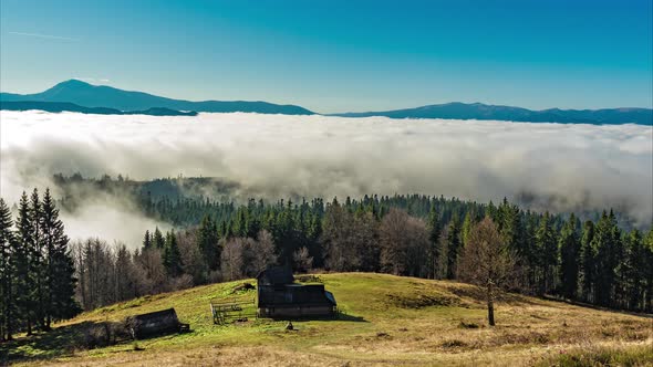 Carpathian Mountains in Waves of Fog