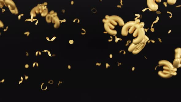 Falling golden glitter confetti and euro money signs on black background