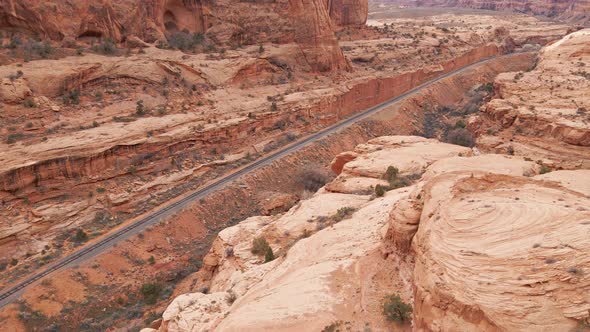 Aerial of railroad tracks near Moab, Utah alt