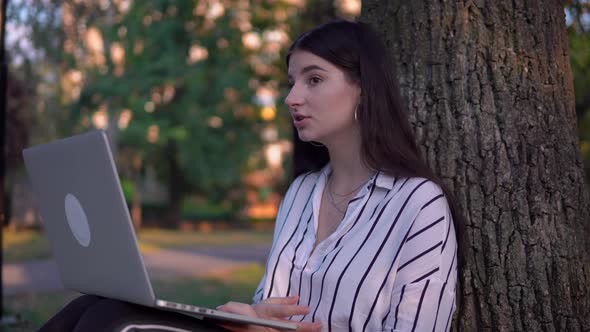 Attractive Woman Sitting Under Tree in Park Using Laptop Talking By Video Chat